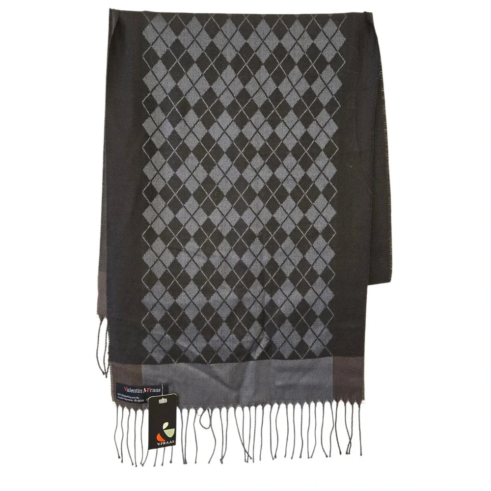 Valentin Fraas V Fraas Argyle Scarf Black Gray Fringe NWT
